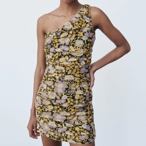 NWT Zara One Shoulder Floral Mini Dress - Picture 1 of 8